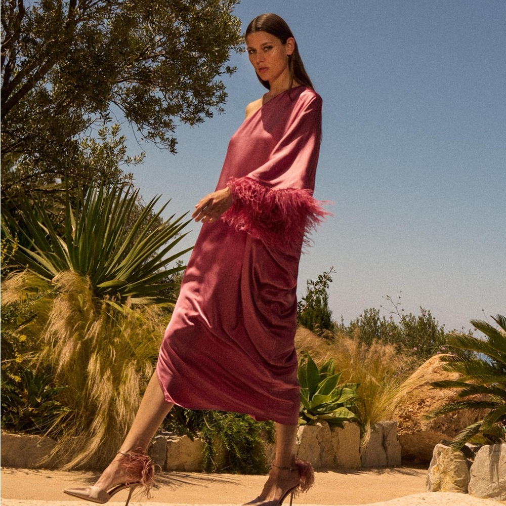 Zara Feathered Satin Long Dress